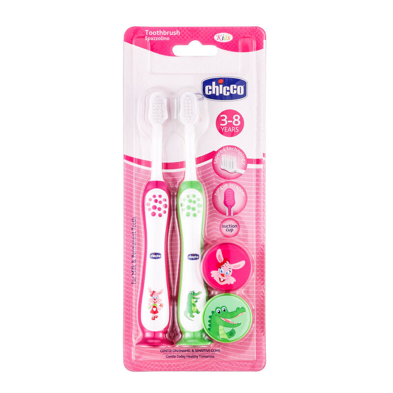 Chicco Toothbrush Set - Pink + Green - 3Y to 8Y