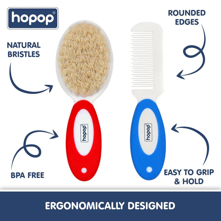 Hopop Baby Hair Brush & Comb Set - Red & Blue